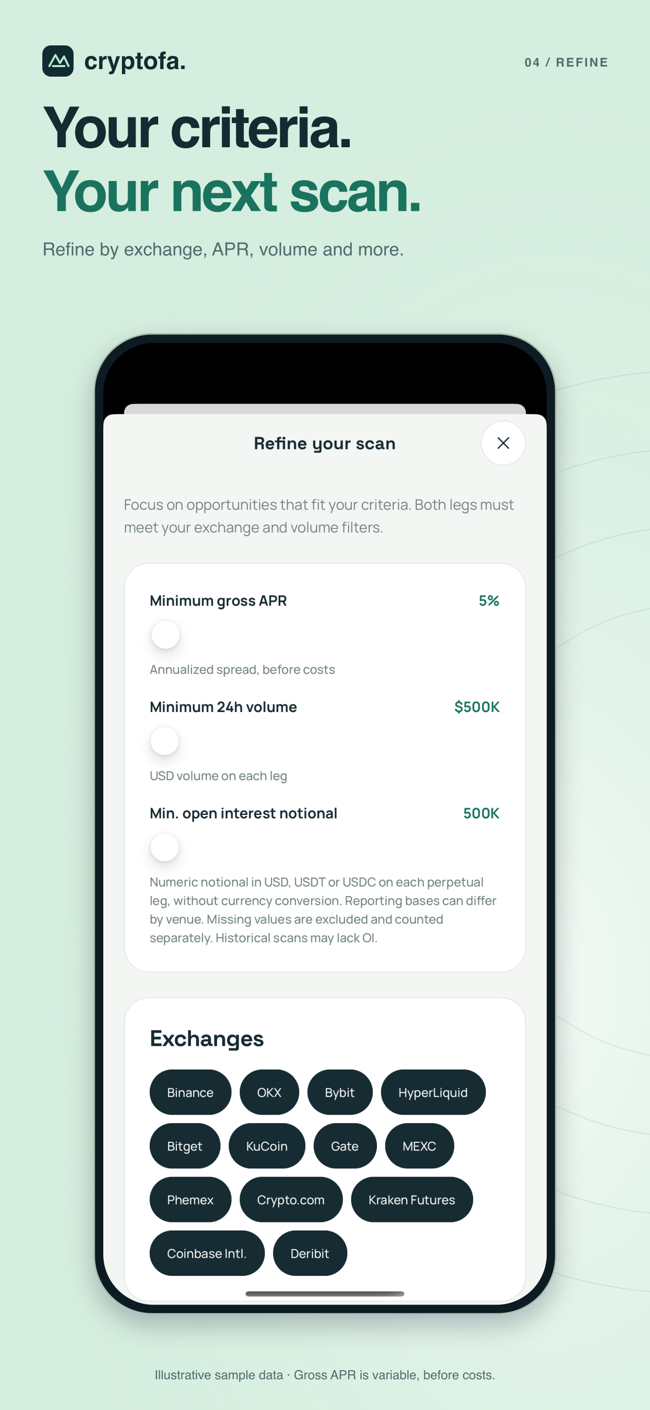 Exchange, strategy and liquidity filter controls; earlier CryptoFA branding