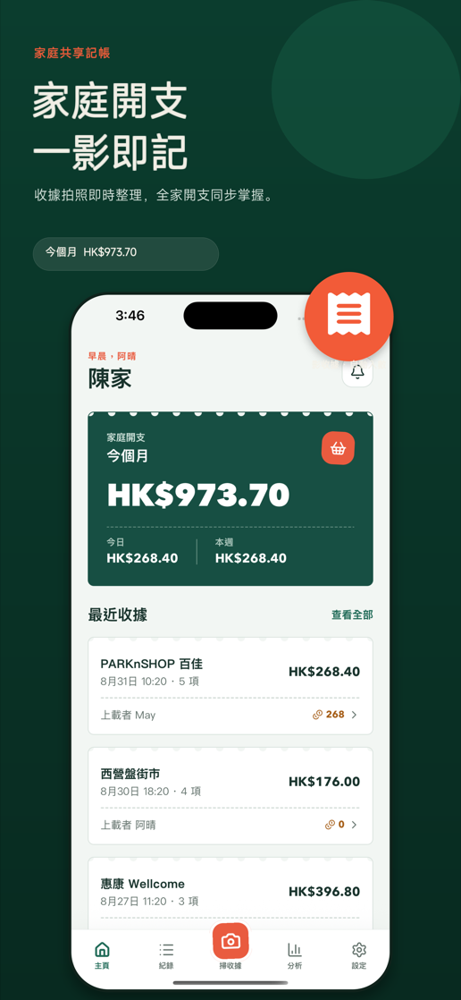 EasyCart household spending overview with recent receipt records