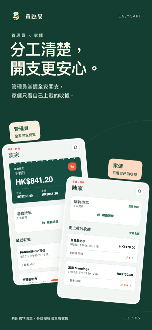 EasyCart owner and helper household views showing role-based receipt access