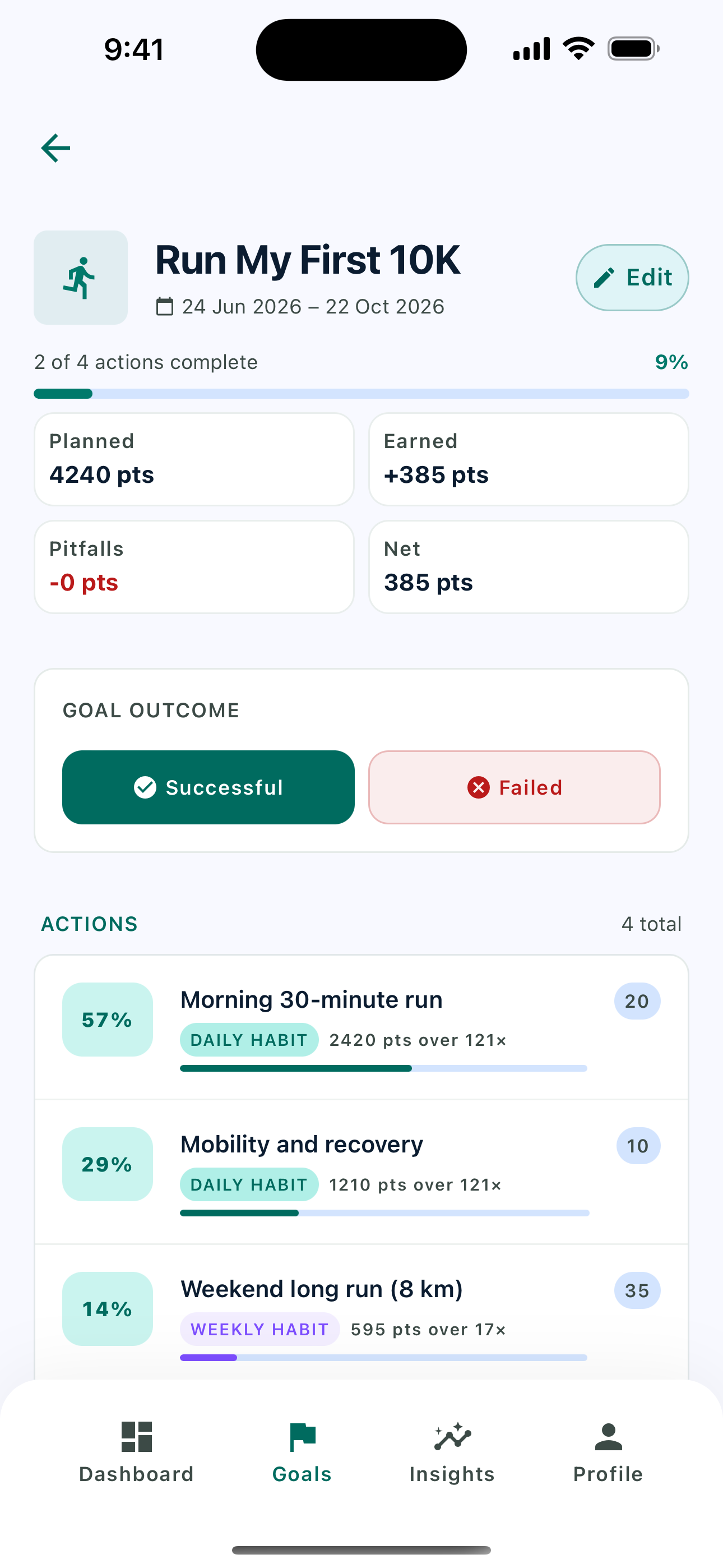 GoalPlus goal detail screen showing actions, pitfalls, and point values