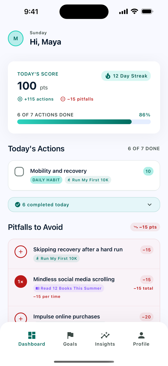 GoalPlus daily dashboard showing score, habits, and pitfalls